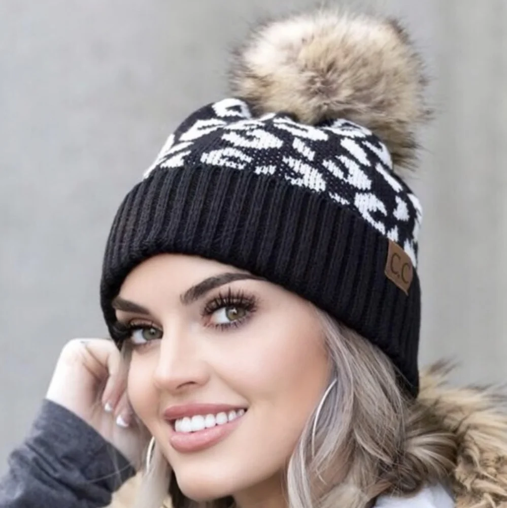 Last Two! Stylish Black and White C.C. Beanie w/Leopard Print & Faux Fur Pom - Picture 6 of 6